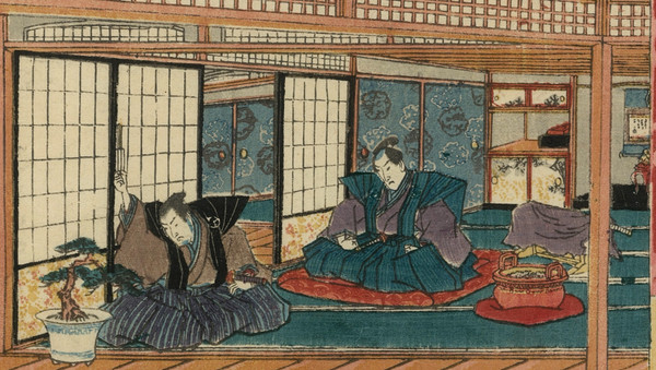 Utagawa Toyokuni I, stampa giapponese, scena di vita in un palazzo