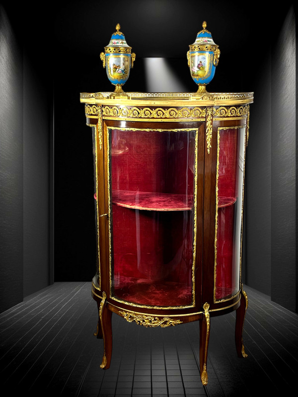 1/2 MOND-Vitrine mit Glaskäfig in Intarsien und Bronze aus der Zeit von Napoleon III
