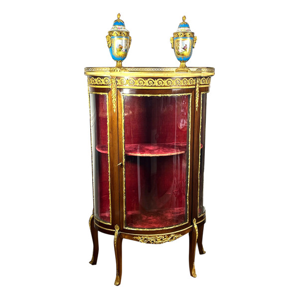 1/2 MOON SHOWCASE WITH GLASS CAGE IN MARQUETRY AND BRONZE NAPOLEON III PERIOD