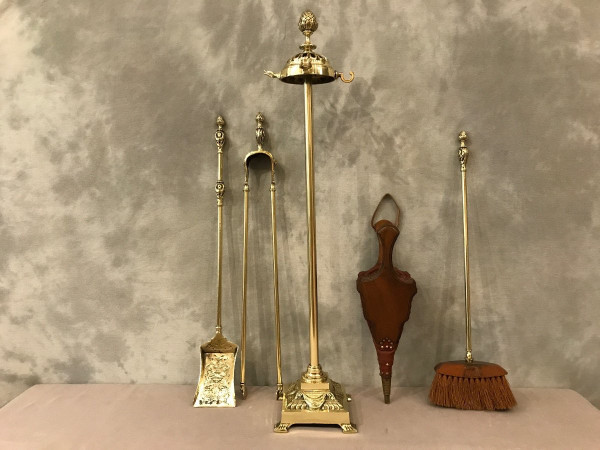 19th century brass and bronze fireplace set in Louis XVI style