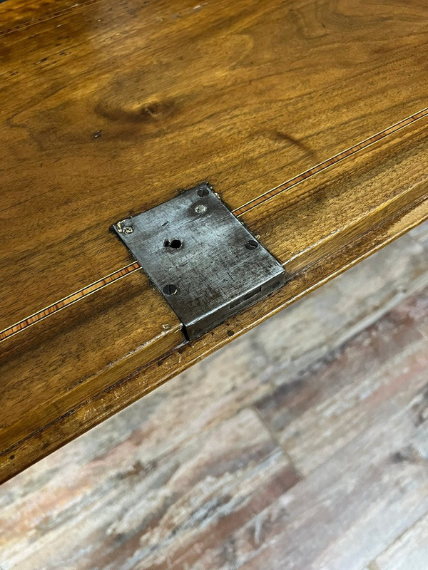 Cassettone scribanne in stile Luigi XVI in radica di noce con decori intarsiati su tutti i lati in legno di pruno, sycom