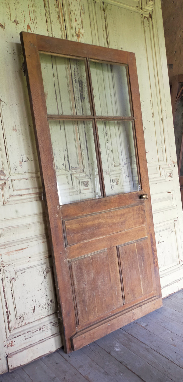 Old 4-Tile Oak Glass Door with its frame and transom