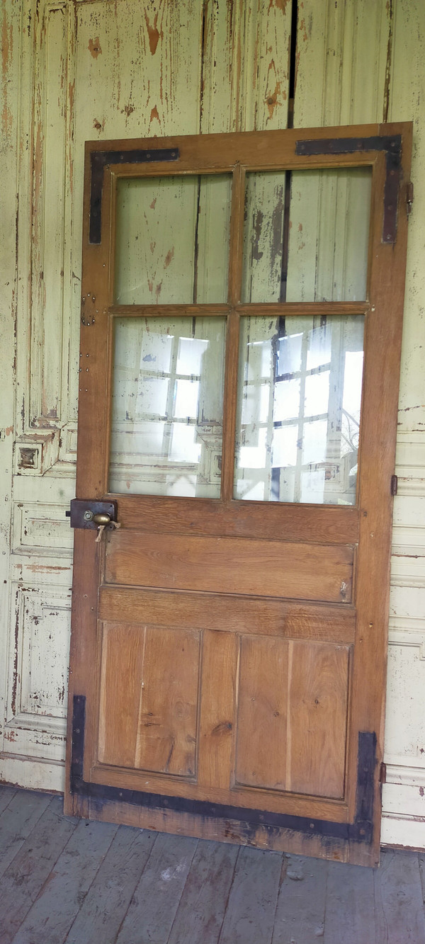 Old 4-Tile Oak Glass Door with its frame and transom