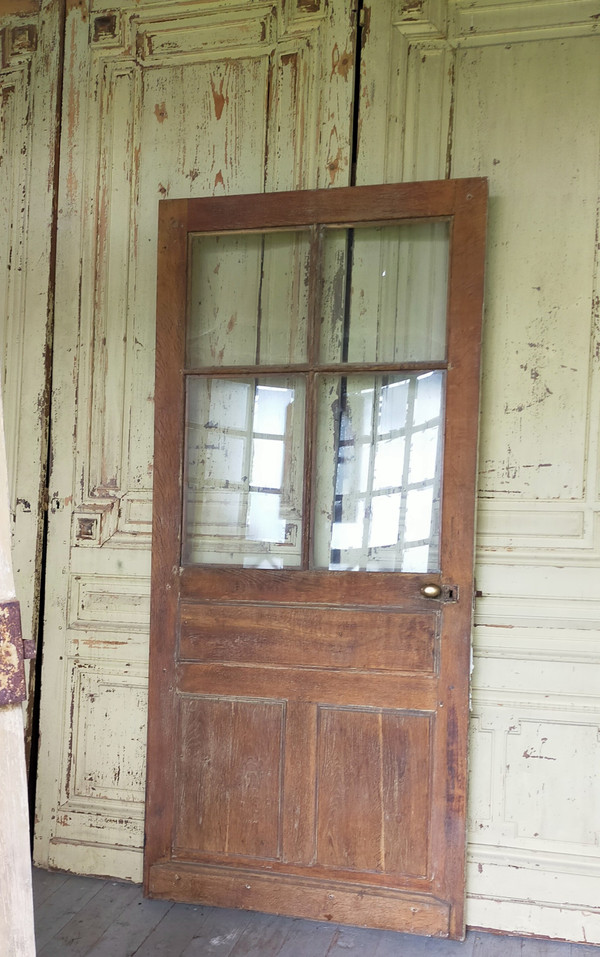 Old 4-Tile Oak Glass Door with its frame and transom