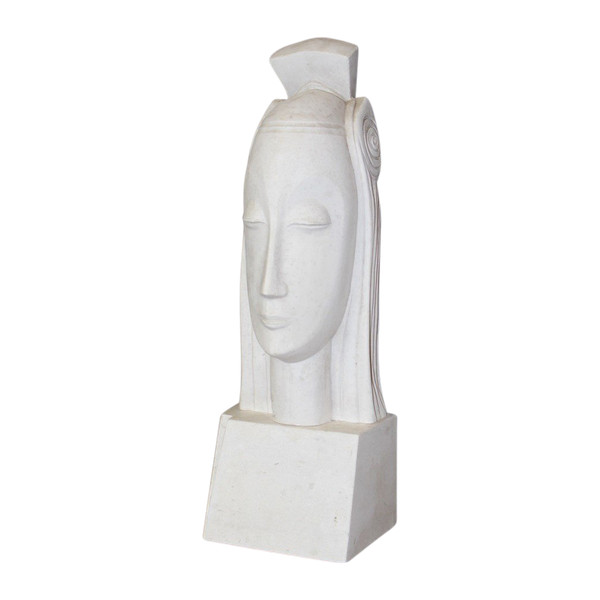 Sculpture Art Déco En Plâtre Représentant Une Tête De Femme Dans Le Goût De Gustave Miklos 