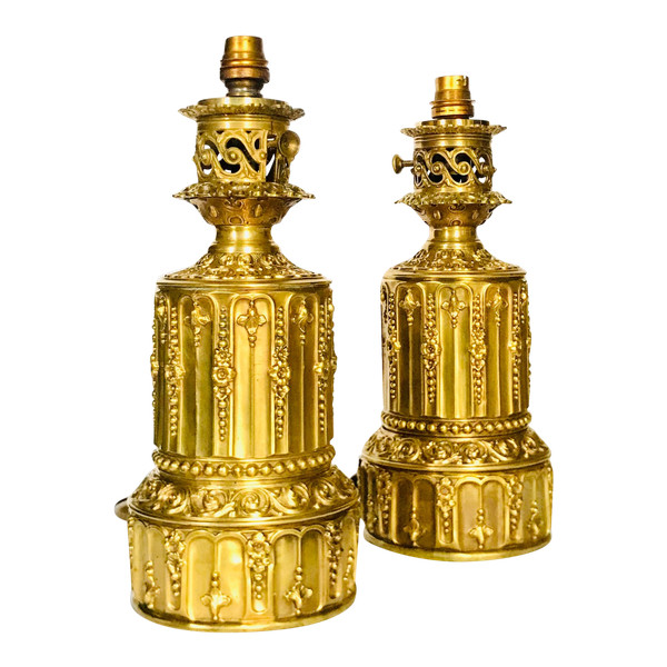 Pair of 19th century brass and gilded bronze lamps