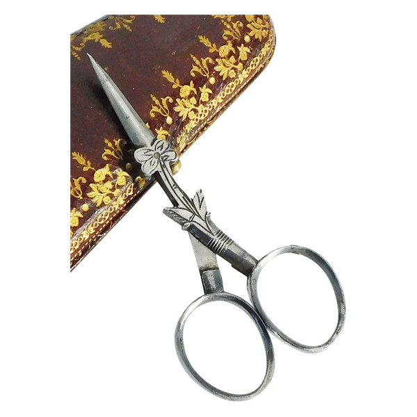 Pair Of Steel Folding Sewing Embroidery Scissors For Châtelaine Flower Shape Late 19th Century Early 20th Century