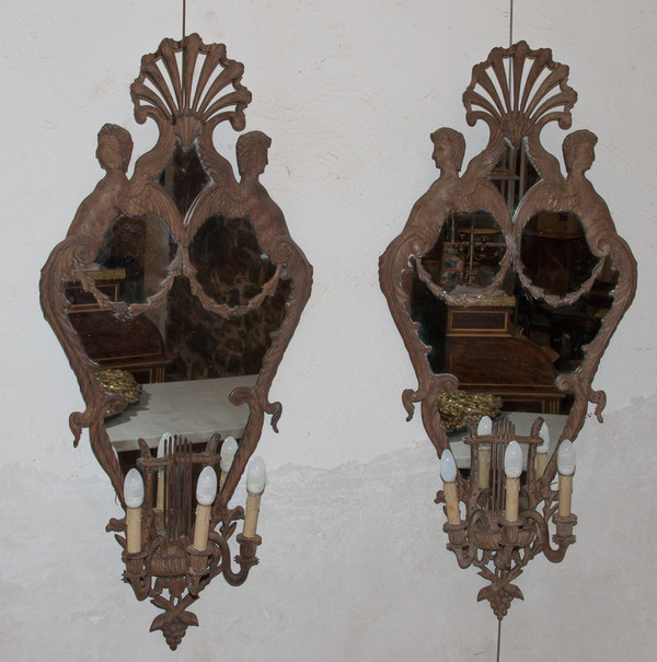 Grande Paire d'Appliques à Miroir En Acajou Italie Circa 1850
