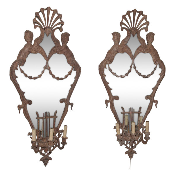 Grande Paire d'Appliques à Miroir En Acajou Italie Circa 1850