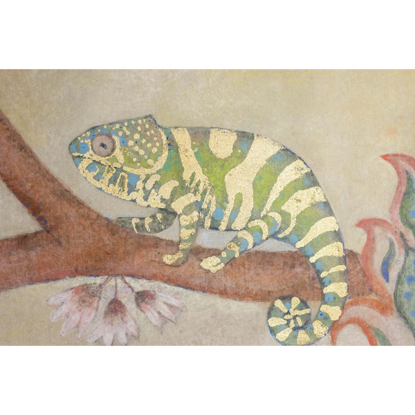 Painted canvas representing a chameleon. Contemporary work.