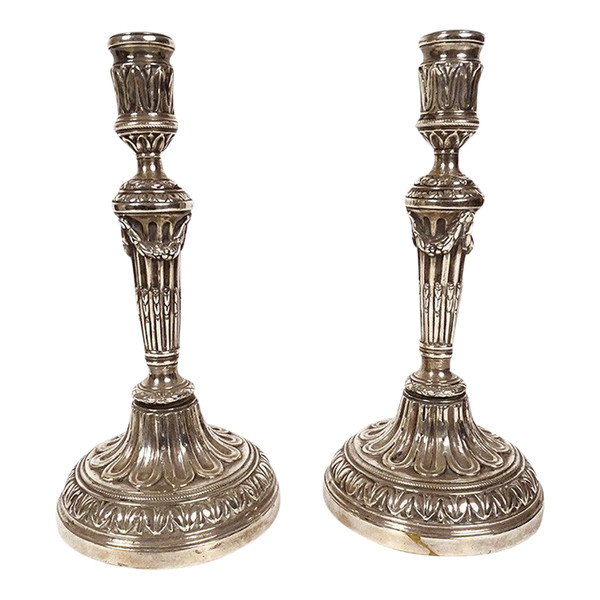 Pair of Louis XVI Candlesticks in Silvered Bronze Garlands 18th Century