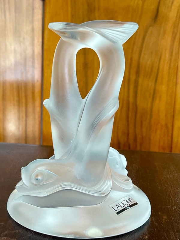LALIQUE France, crystal paperweight: double dolphins.