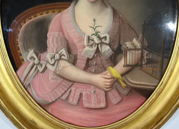 Bedeutendes Pastell „Das Mädchen mit dem Kanarienvogel“, französische Schule des 19. Jahrhunderts