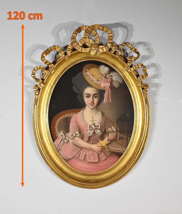 Bedeutendes Pastell „Das Mädchen mit dem Kanarienvogel“, französische Schule des 19. Jahrhunderts