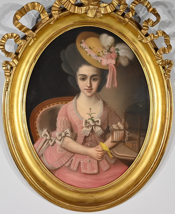 Bedeutendes Pastell „Das Mädchen mit dem Kanarienvogel“, französische Schule des 19. Jahrhunderts