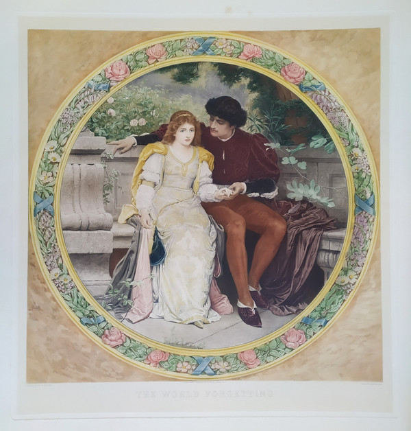 The Lovers  Watercolored Photogravure Romantic Old Print 19th C