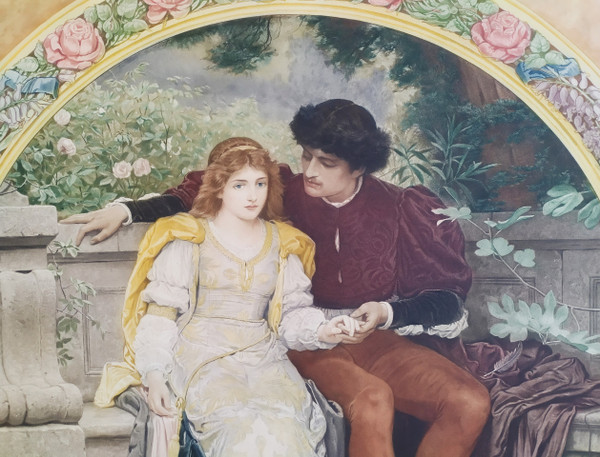 The Lovers  Watercolored Photogravure Romantic Old Print 19th C