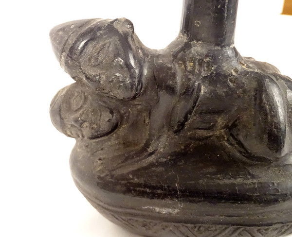 Erotic Pre-Columbian Vase Characters Culture Chimu Peru Terracotta Black