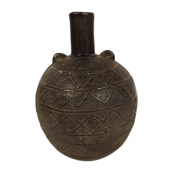 Vaso globulare precolombiano cultura Chimu Perù terracotta nera