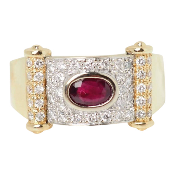 Ribbon ring in two-tone gold, diamonds and rubies