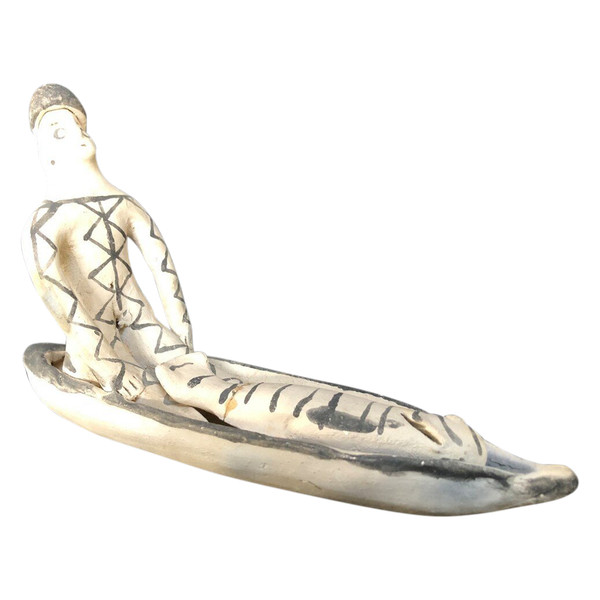 Canoe with man and fish in painted terracotta Karaja, Lijoko Brazil work from the 60s