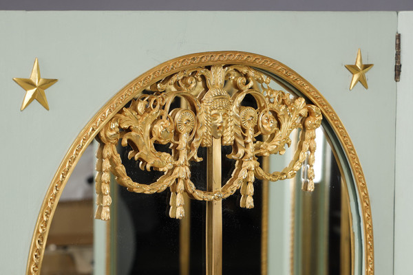 Paravento a specchio a quattro ante in legno laccato e cornice in bronzo dorato