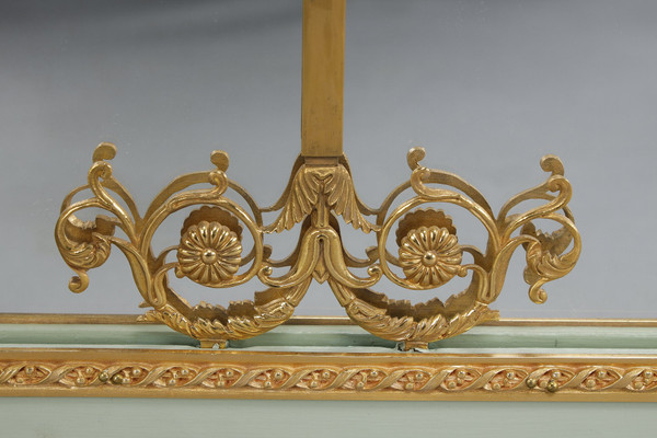 Paravento a specchio a quattro ante in legno laccato e cornice in bronzo dorato