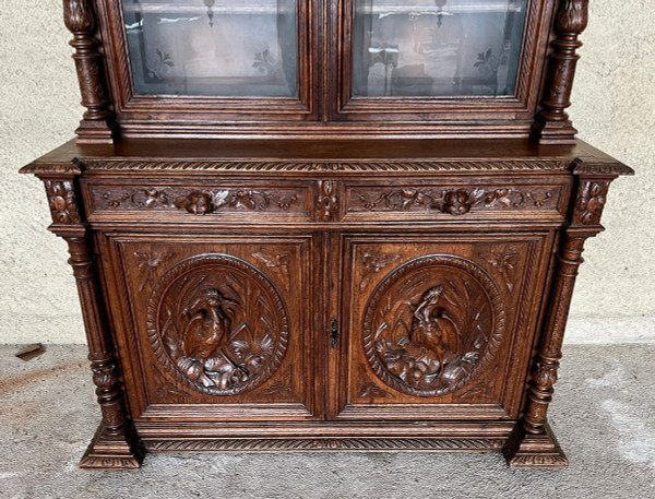 Renaissance style hunting lodge library buffet in solid carved oak circa 1850