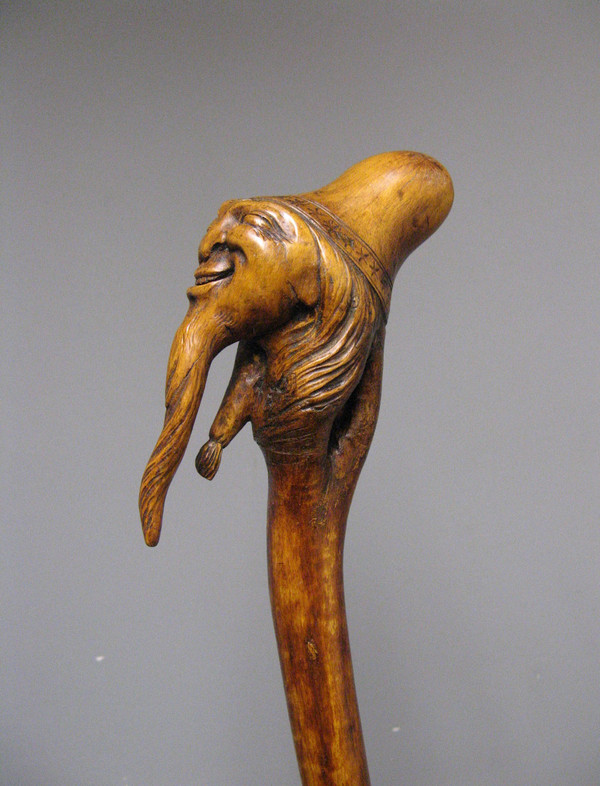 Canne Monoxyle En Buis Sculpté A Tête Grotesque De Gnome. Art Populaire XIXe.