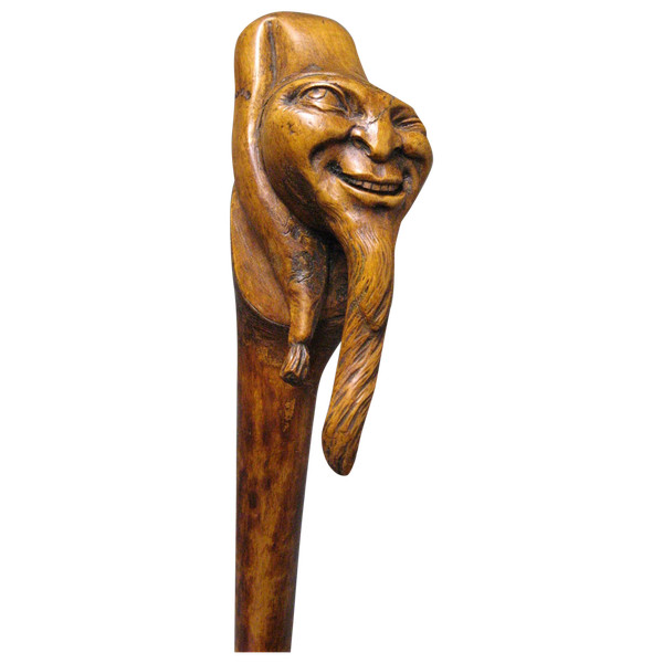 Canne Monoxyle En Buis Sculpté A Tête Grotesque De Gnome. Art Populaire XIXe.