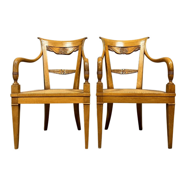 pair of Directoire style armchairs - Consulate in blond walnut circa 1900