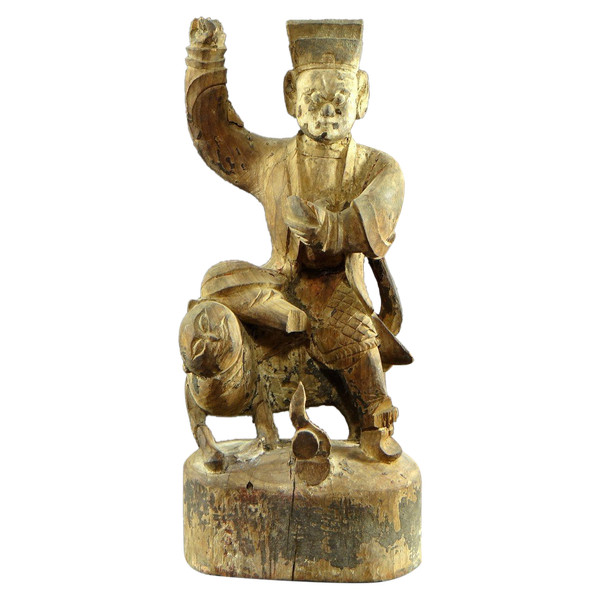 Chine, Début Du XIXème Siècle, Statue De Chao Kung Ming En Bois Sculpté.