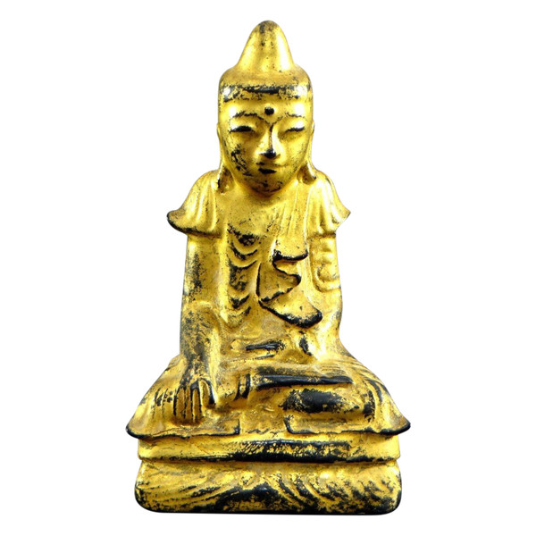 Burma, frühes 20. Jahrhundert, Buddha-Statue aus lackiertem Holz mit Blattgold.