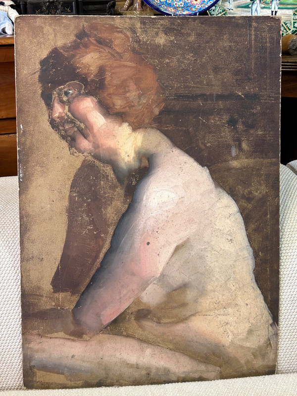 Curious Study Of Nude - Painting On Cardboard Late 19th Century