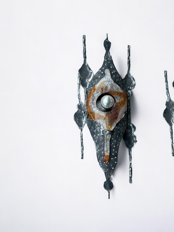 Tom Ahlstrom & Hans Ehrich - Pair Of Brutalist Sconces 1960s Metal And Glass