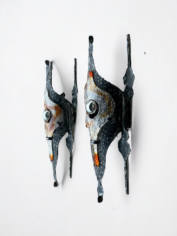 Tom Ahlstrom & Hans Ehrich - Pair Of Brutalist Sconces 1960s Metal And Glass