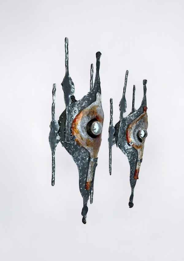 Tom Ahlstrom & Hans Ehrich - Pair Of Brutalist Sconces 1960s Metal And Glass
