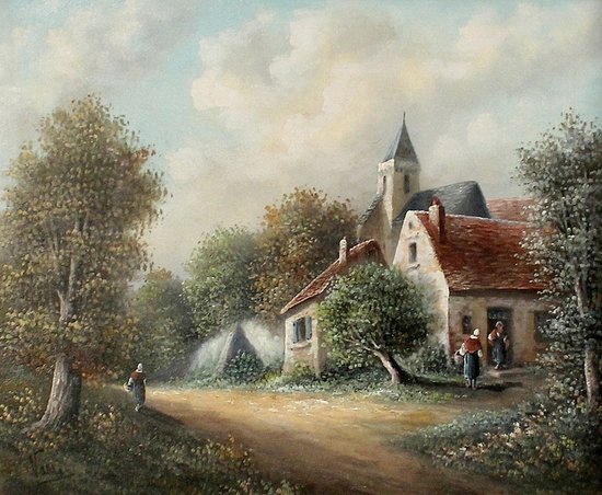  Tableau 'Village de campagne' signé Vallet - XIXe 