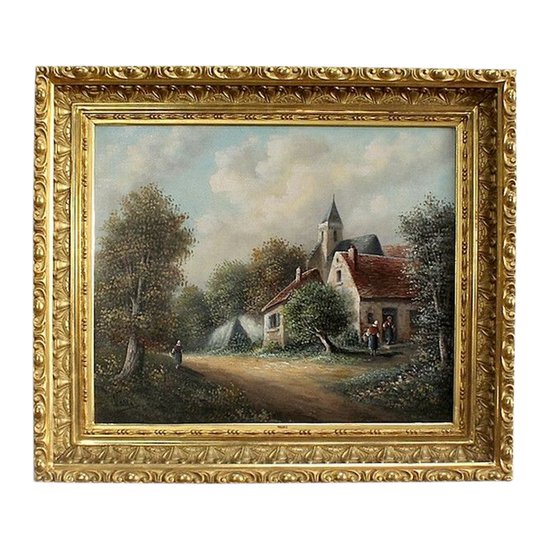  Tableau 'Village de campagne' signé Vallet - XIXe 