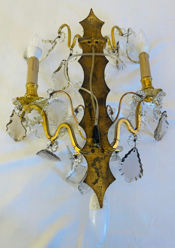 Coppia di applique in bronzo e cristallo della metà del XIX secolo