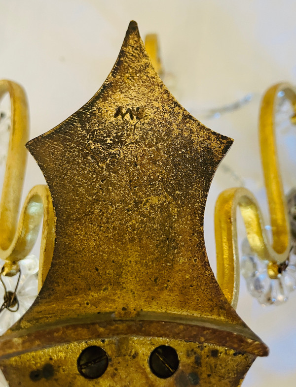 Coppia di applique in bronzo e cristallo della metà del XIX secolo