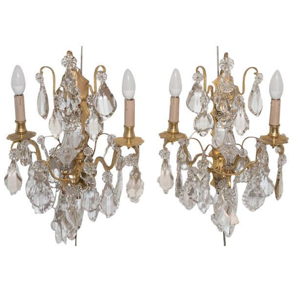 Pair Of Bronze And Crystal Sconces Mid 19th Century