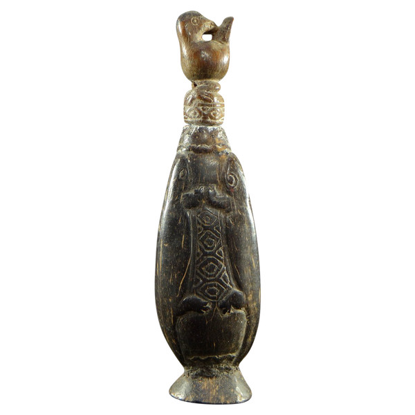 Indonesia, Island of Timor, Rare Wooden Chalk Box (betel) Carved With Lizards And A Bird.