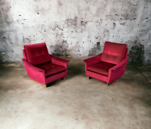 Pair Of Vintage Comfortable Armchairs In Fabrics Probably Italian From The 1950s-60s