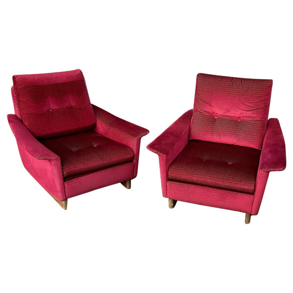Pair Of Vintage Comfortable Armchairs In Fabrics Probably Italian From The 1950s-60s