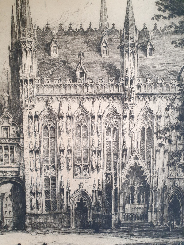 Andrew Fairburn Affleck : early 20th c etching of the Hotel de Ville, Bruges