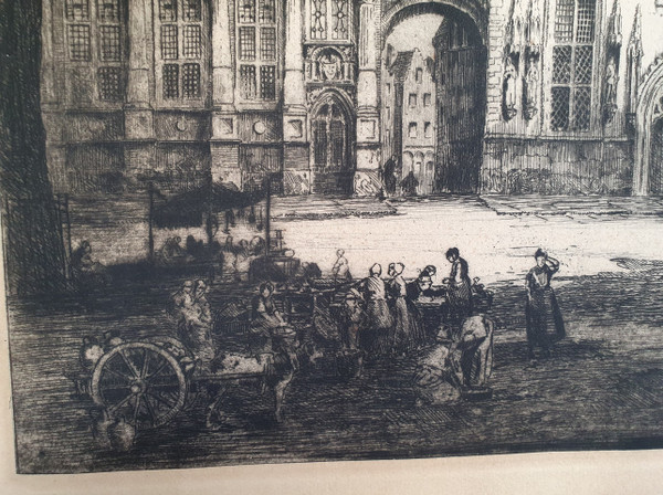 Andrew Fairburn Affleck : early 20th c etching of the Hotel de Ville, Bruges