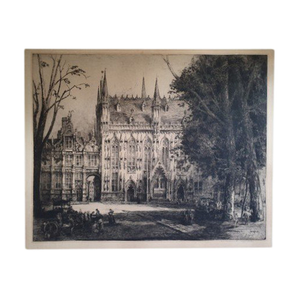 Andrew Fairburn Affleck : early 20th c etching of the Hotel de Ville, Bruges