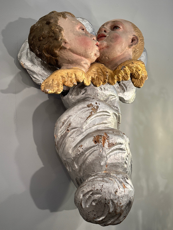 Cherubs In Polychrome Carved Wood From The 18th Century