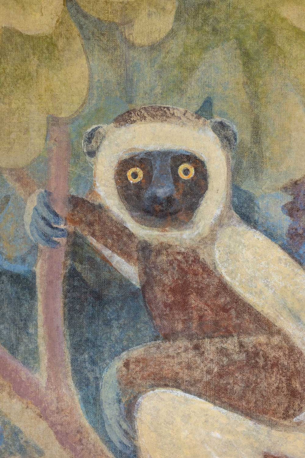 Toile peinte représentant des singes. Travail contemporain.